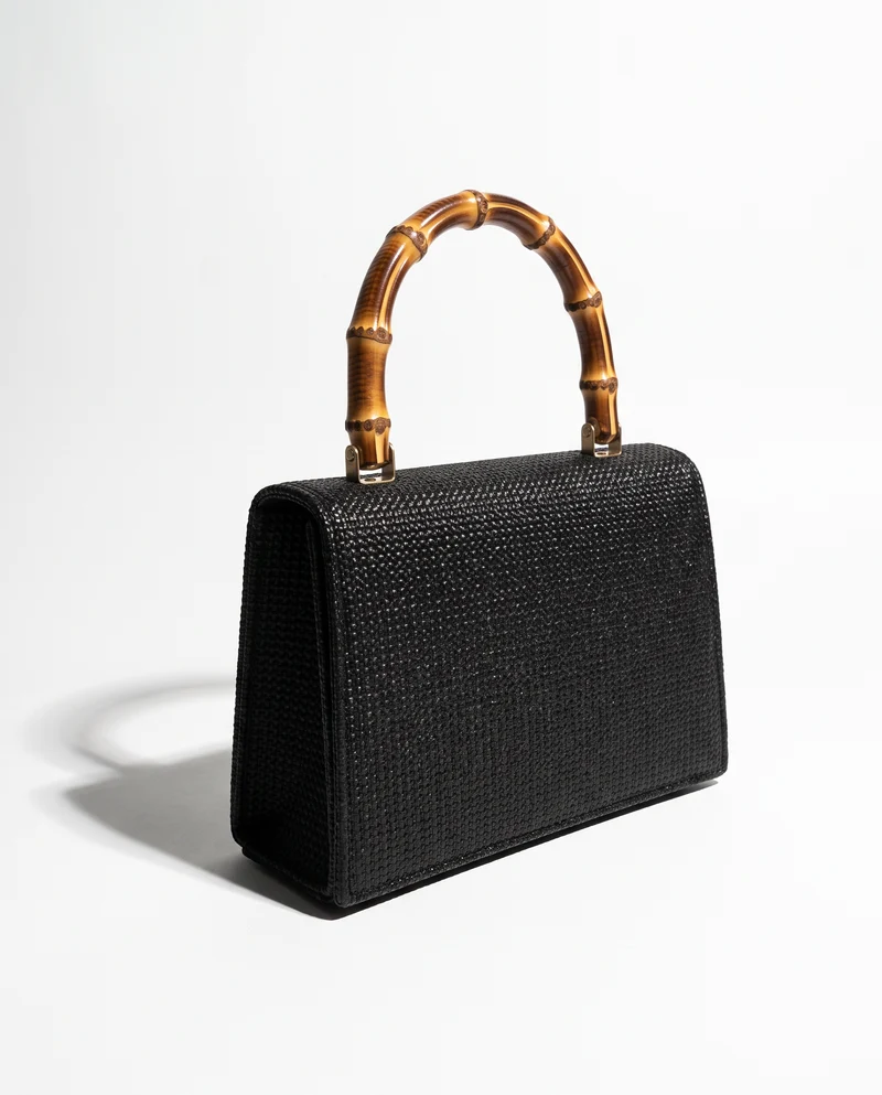 Borsa donna carta con patta manico bamboo - Nero
