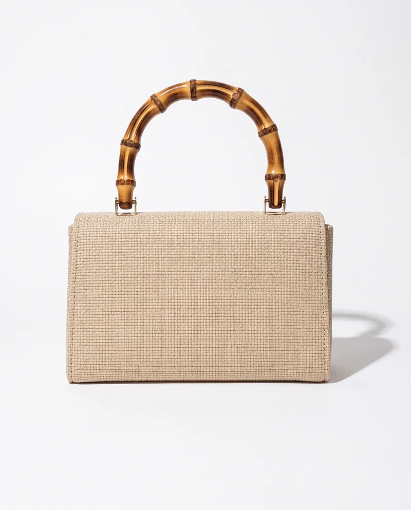 Borsa donna carta con patta manico bamboo - Bianco natural