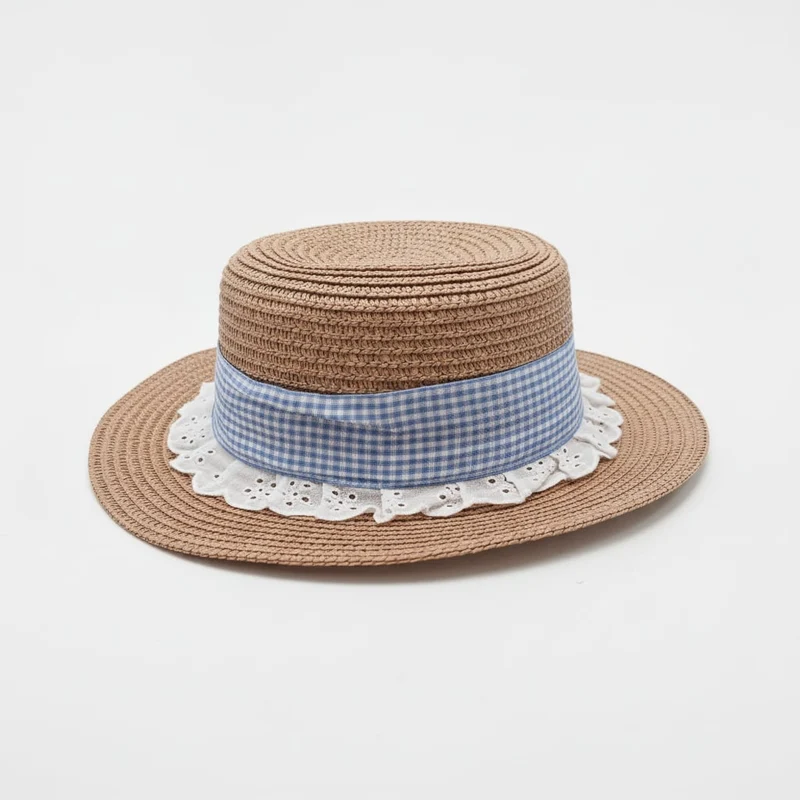 Cappello carta con fiocco vichy e pizzo - Marrone