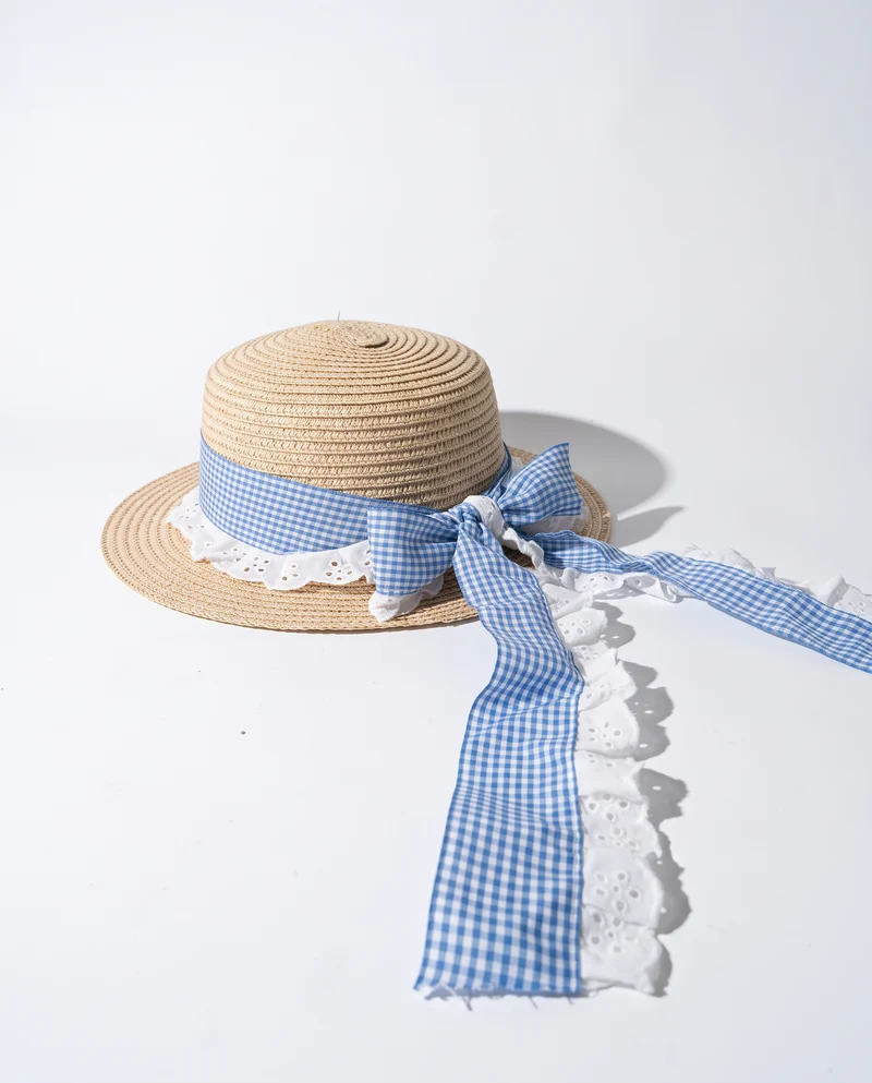 Cappello carta con fiocco vichy e pizzo - Bianco natural