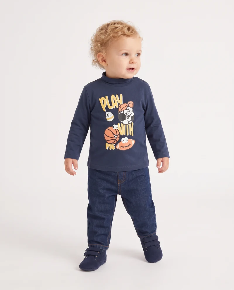 T shirt collo alto con stampa casual - Blu