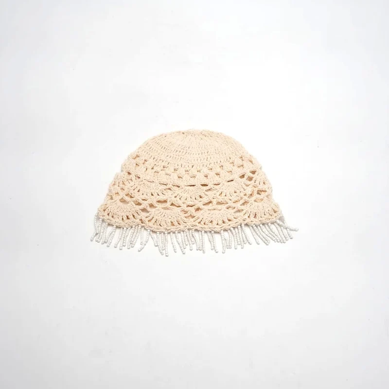 Cappello donna cuffia crochet con fili perline - Bianco panna