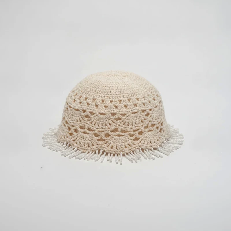 Cappello donna cuffia crochet con fili perline - Bianco panna