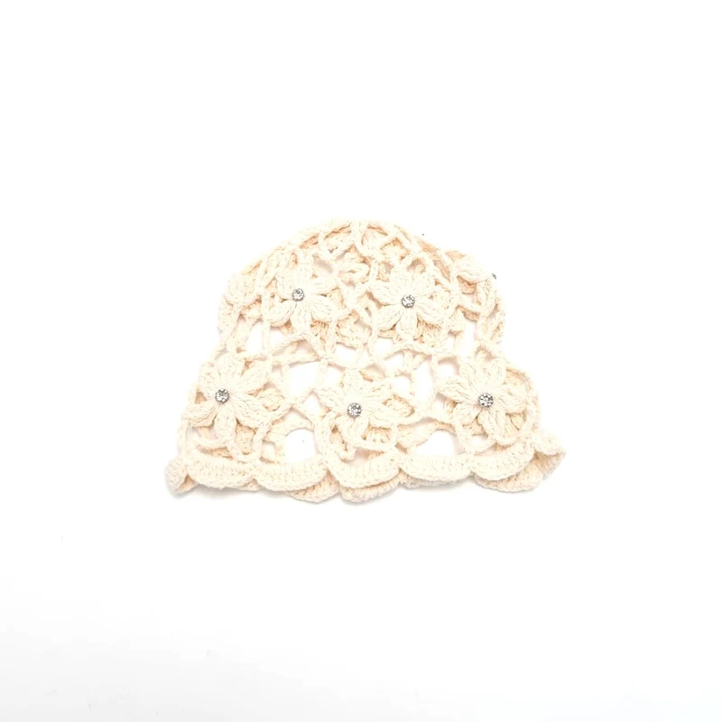 Cappello donna cuffia crochet ricamo fiori - Bianco panna