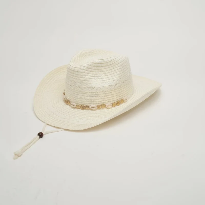 Cappello donna cowboy paglia con conchigliette - Bianco