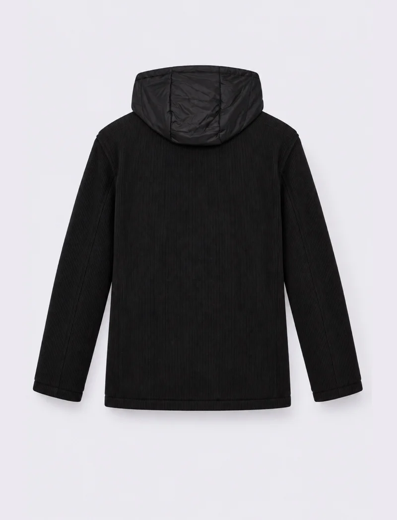 Giaccone doppiopetto in maglia a coste con cappuccio - Nero