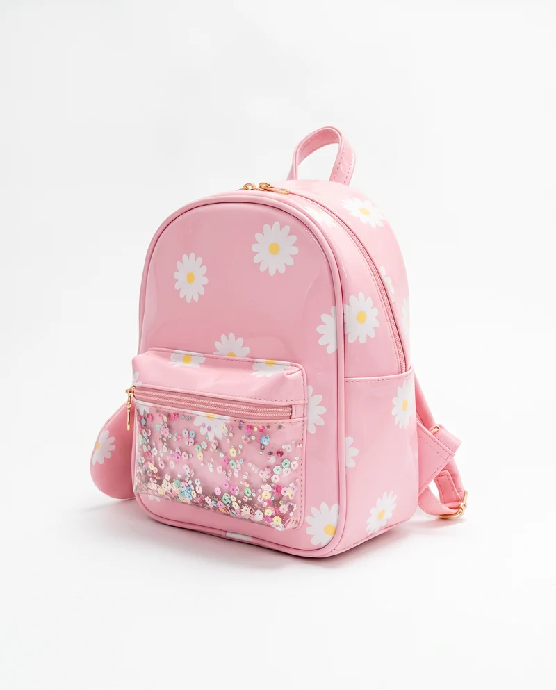 Zainetto bambina margherite plastificato con tasche - Rosa