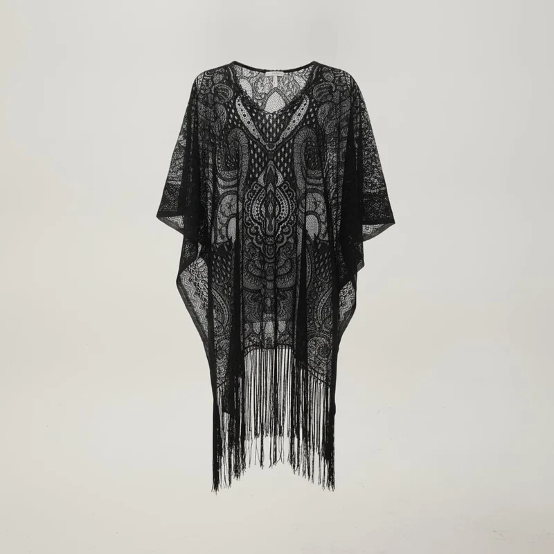 Copricostume di pizzo con frange - Nero