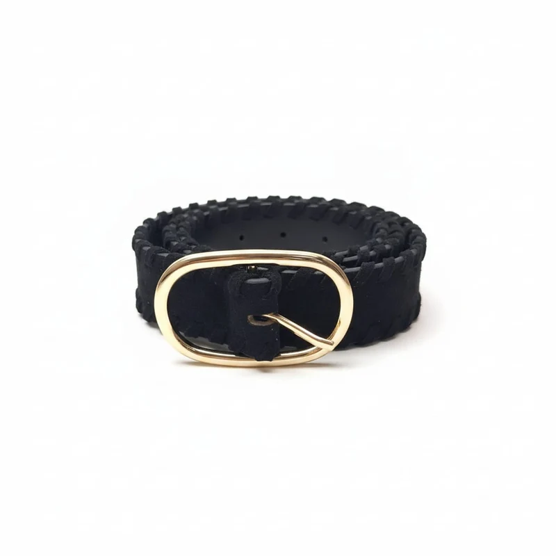 Cintura donna suede con intrecci laterali fibbia ovale 3,5cm - Nero