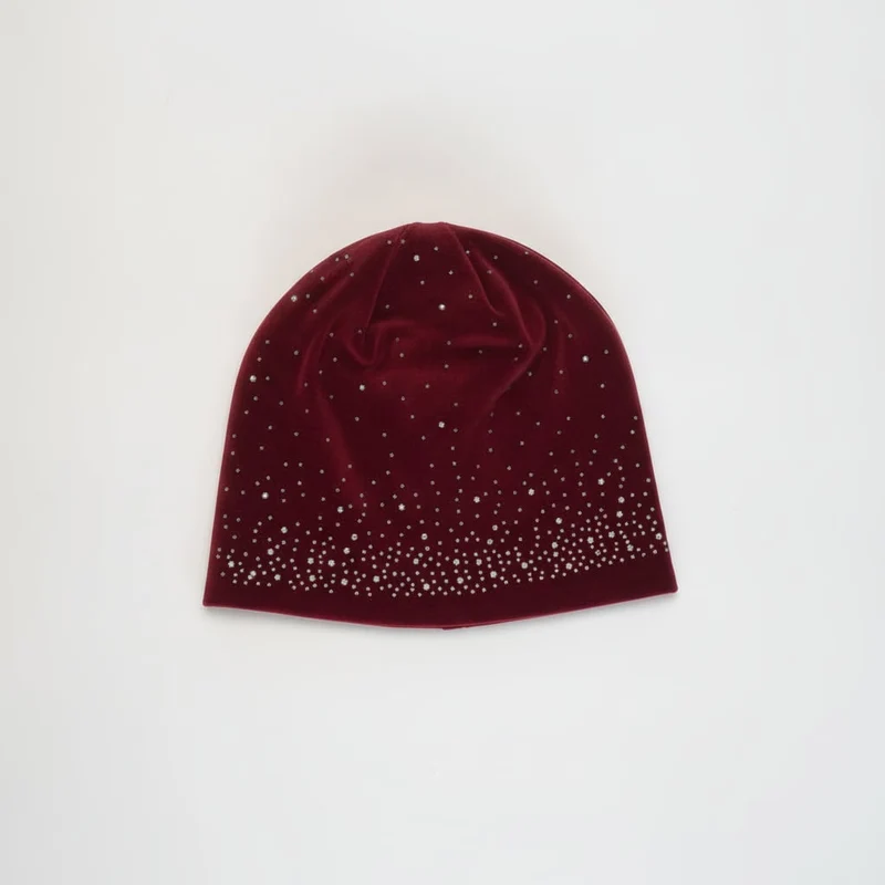 Cappello cuffia in velluto con strass - Bordeaux