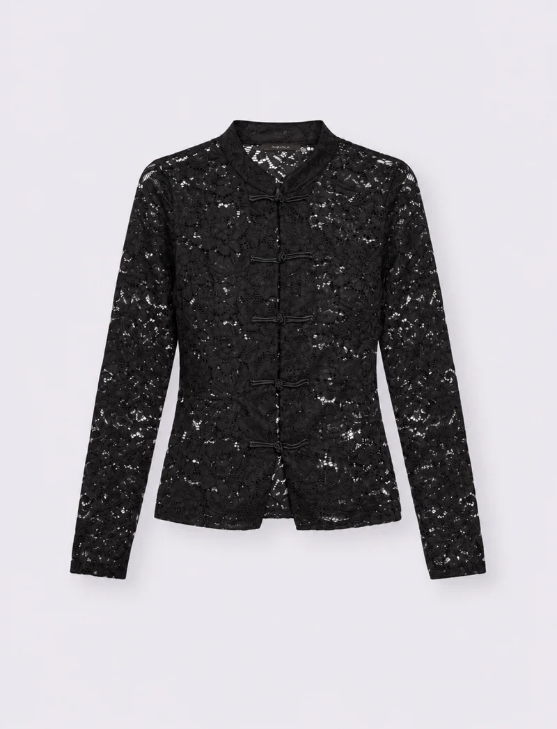 Camicia in pizzo con colletto alla coreana e alamari - Nero