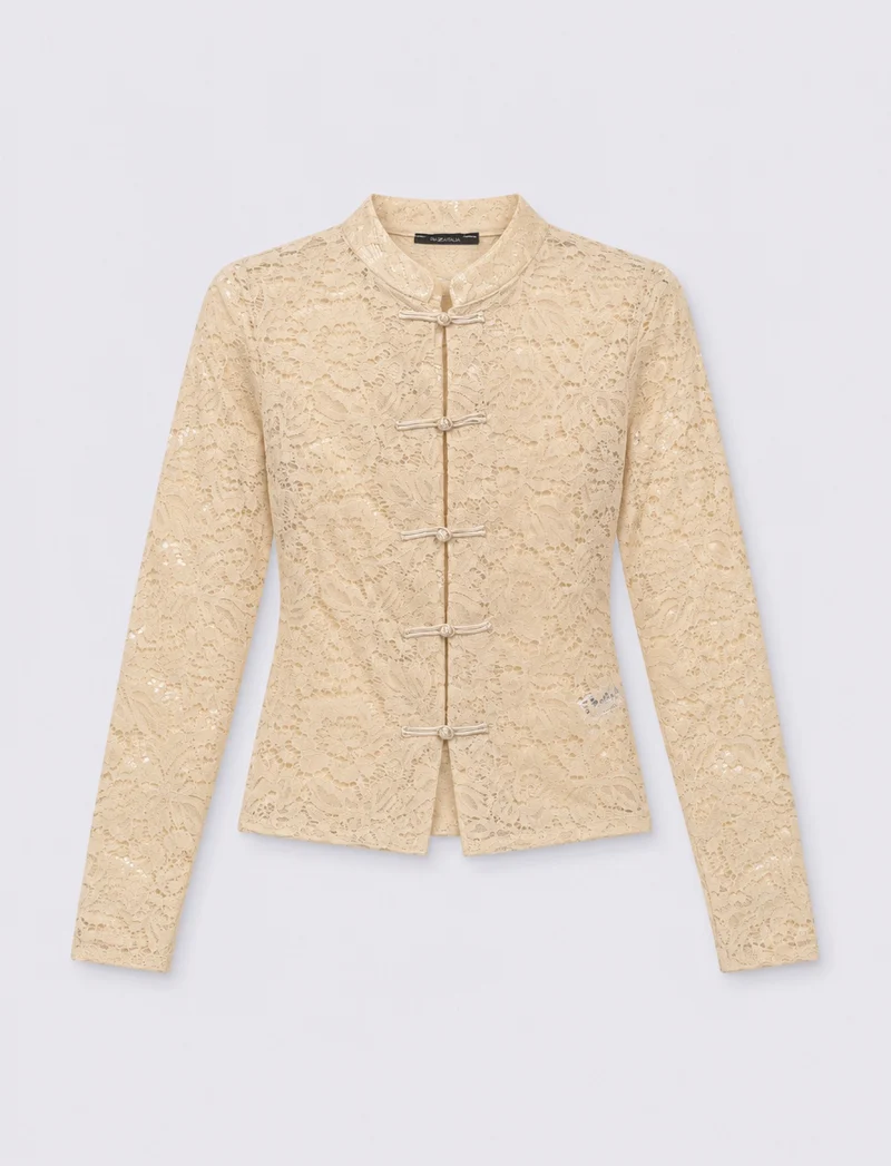 Camicia in pizzo con colletto alla coreana e alamari - Beige