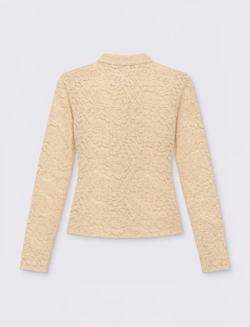 Camicia in pizzo con colletto alla coreana e alamari - Beige