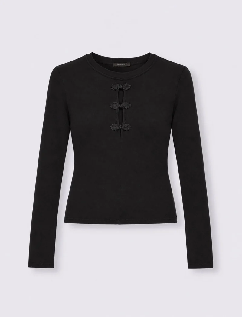 Maglia manica lunga con apertura a goccia e alamari - Nero
