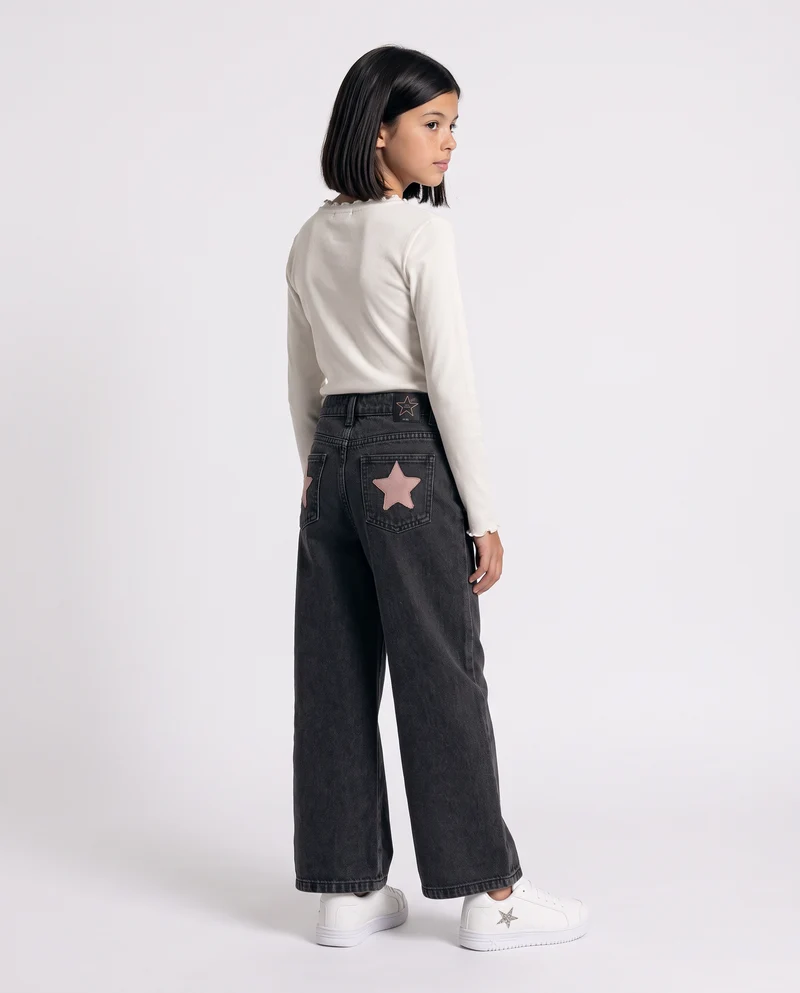 Jeans wide leg neri con patch e borchie - Nero