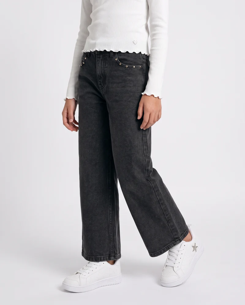 Jeans wide leg neri con patch e borchie - Nero