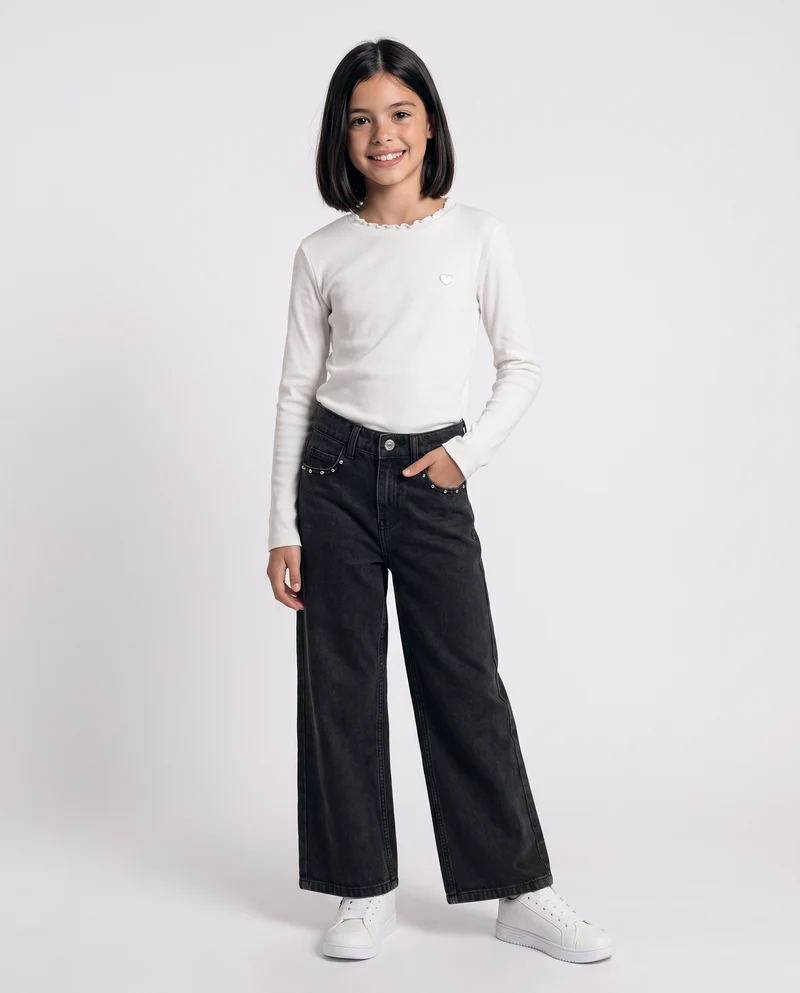 Jeans wide leg neri con patch e borchie - Nero