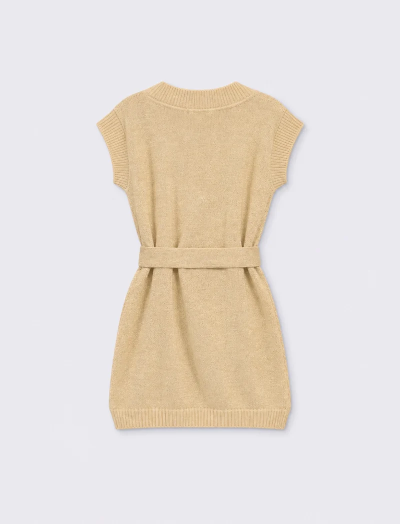 Vestito giromanica in maglieria con cintura - Beige