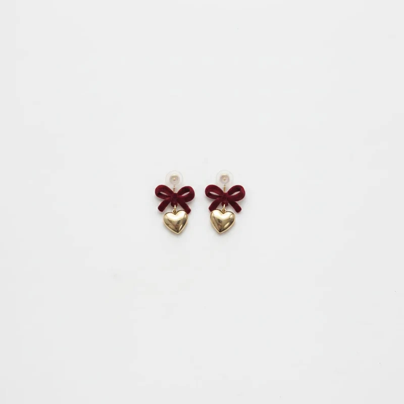 Orecchini Fiocco Velluto e Cuore Metallico - Bordeaux