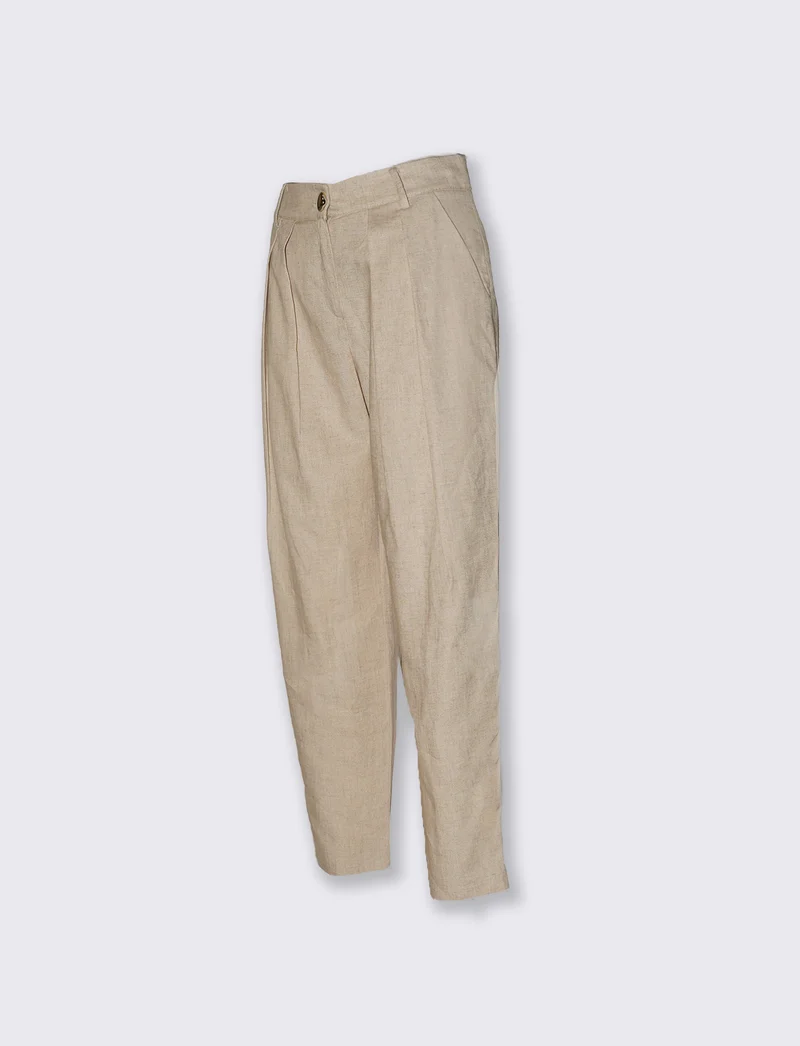 Pantaloni in lino con bottoni e pinches - Beige