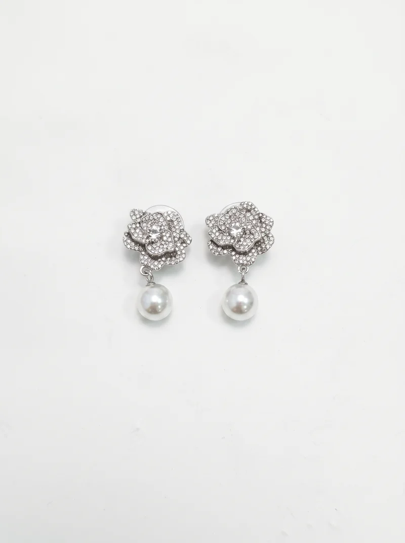 Orecchini clip fiore con strass e perla - Trasparente