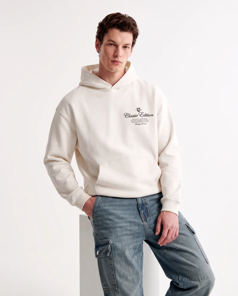 Felpa boxy fit con cappuccio e tasca marsupio - Beige ecru