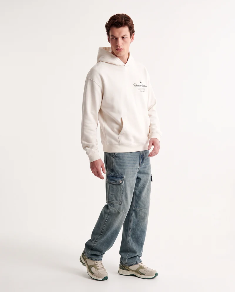 Felpa boxy fit con cappuccio e tasca marsupio - Beige ecru