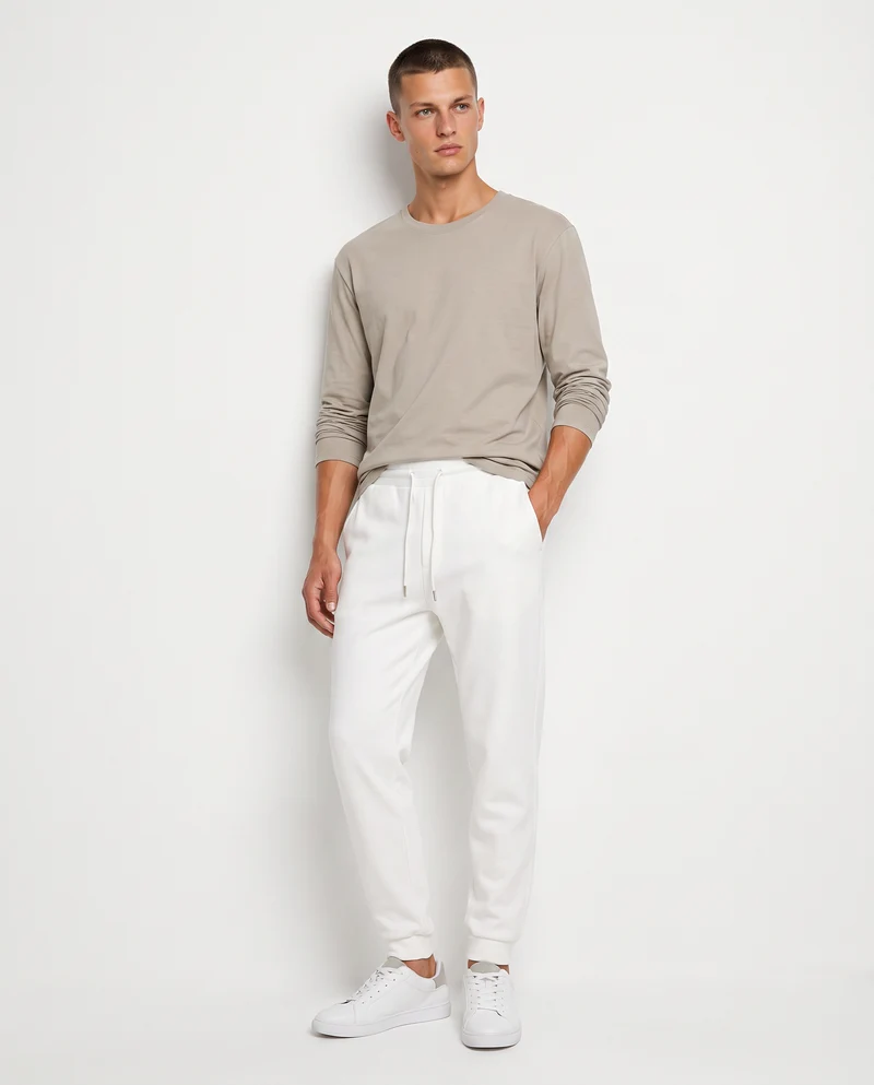 Pantaloni Jogger Basic in Felpa Garzata - Bianco
