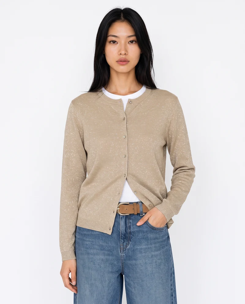 Cardigan in lurex con collo paricollo - Beige