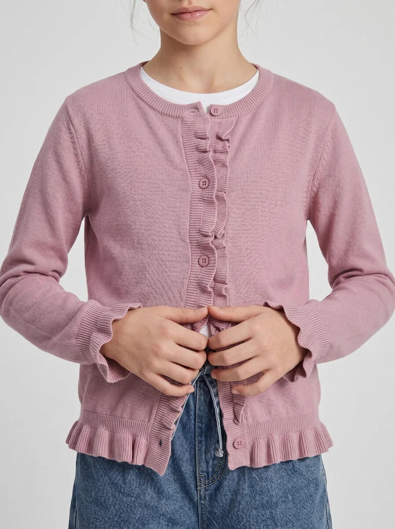 Cardigan da bambina con rouches e slim fit - Rosa polvere