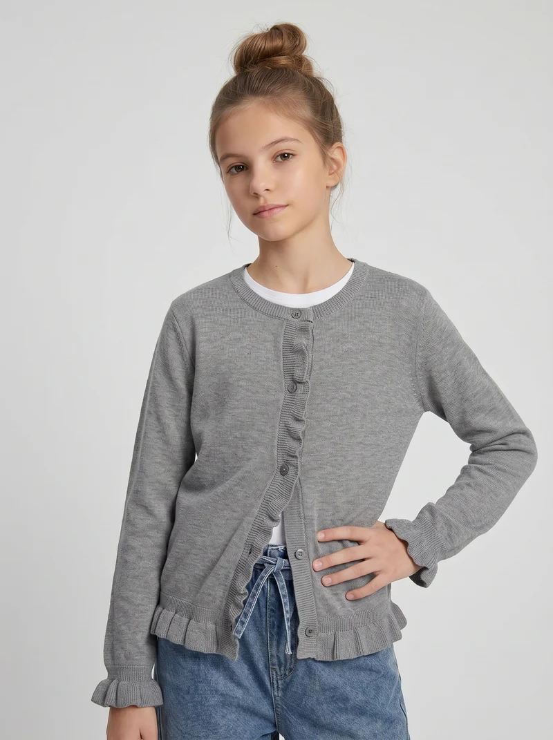 Cardigan da bambina con rouches e slim fit - Grigio mel.