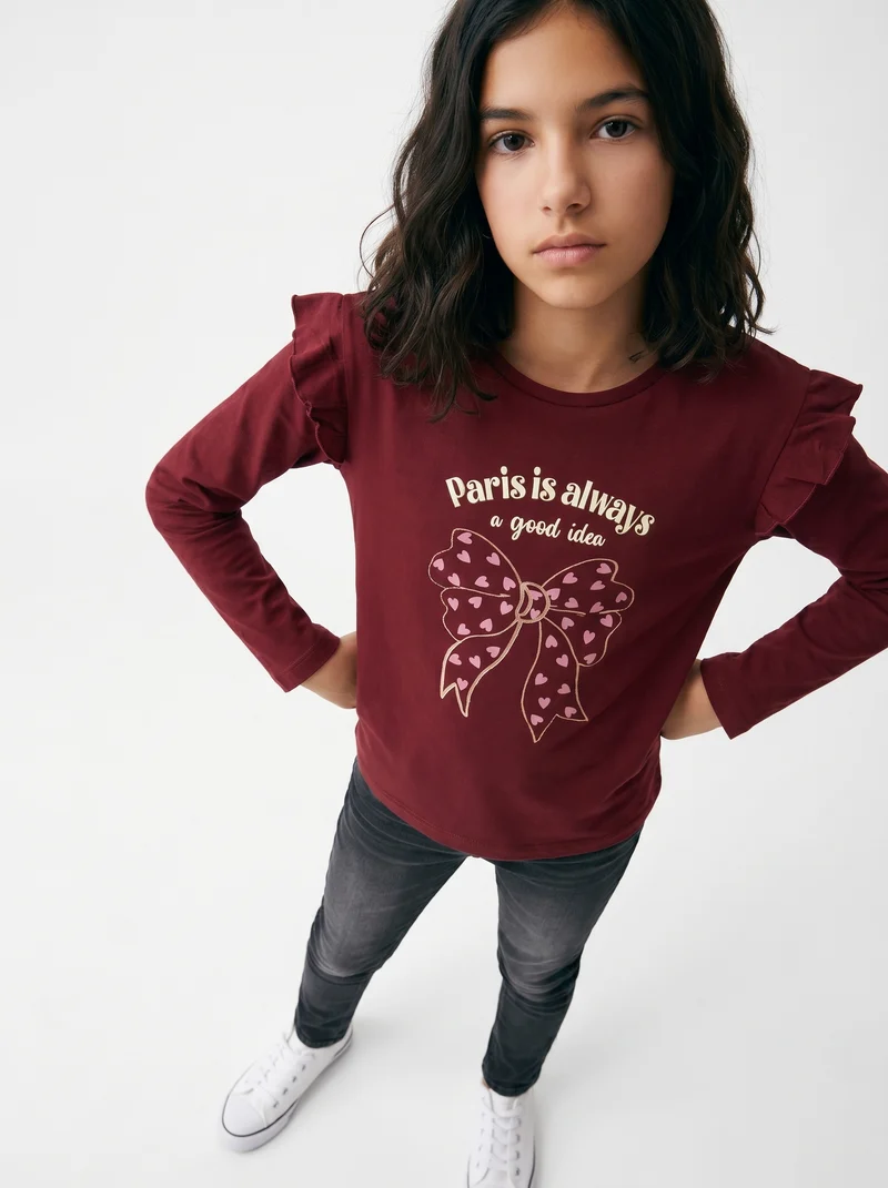 T-shirt lunga con rouches e stampa vivace - Bordeaux