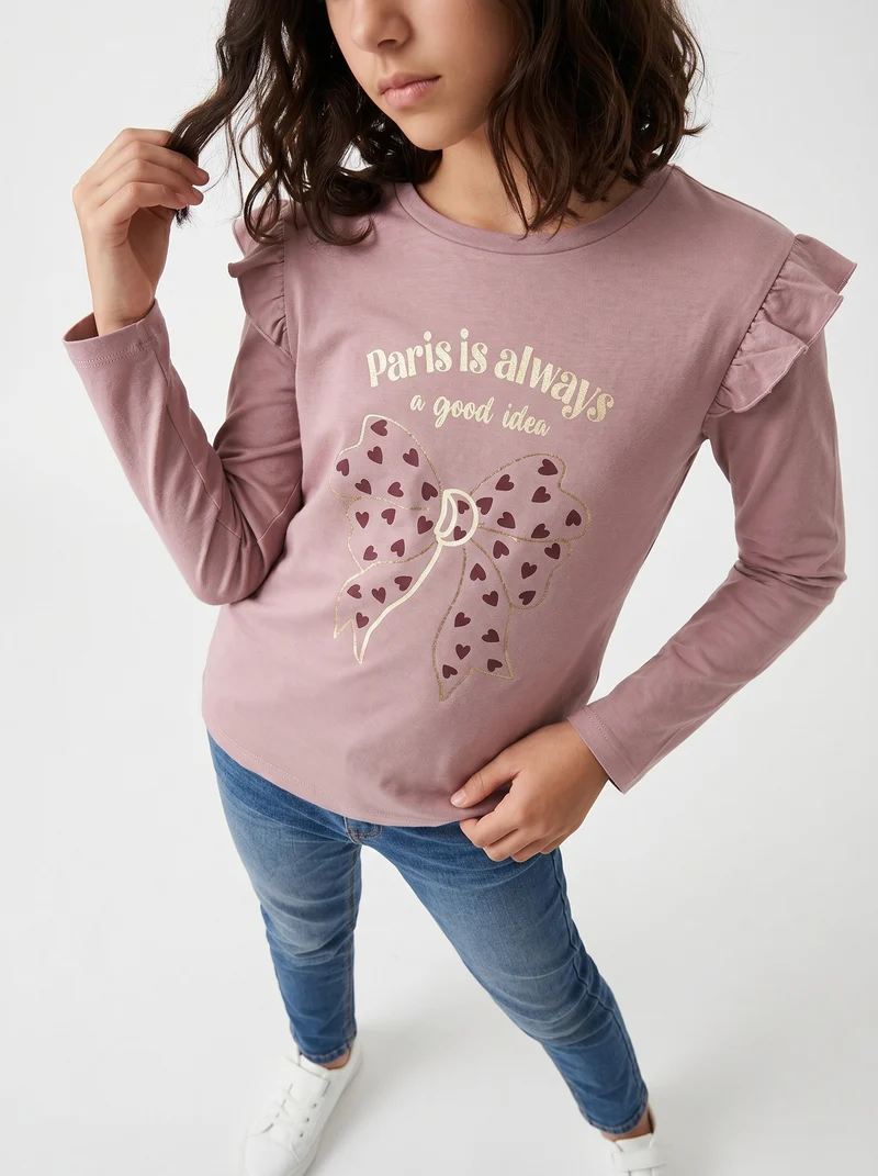 T-shirt lunga con rouches e stampa vivace - Rosa polvere