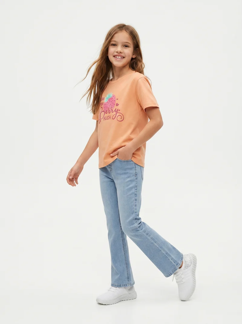 T-shirt bambina con stampa e spacchetti - Pesca