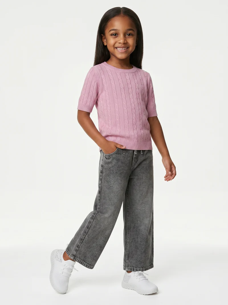 Pullover a mezza manica con trecce - Rosa polvere