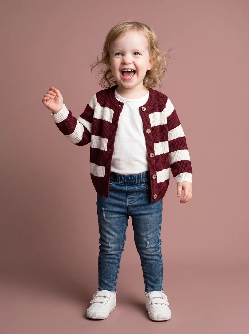 Cardigan girocollo rigato per bambina - Bordeaux