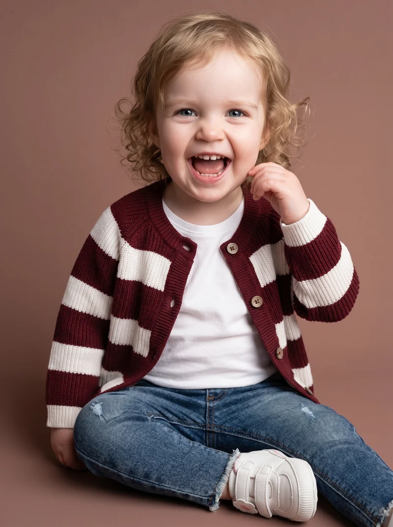Cardigan girocollo rigato per bambina - Bordeaux