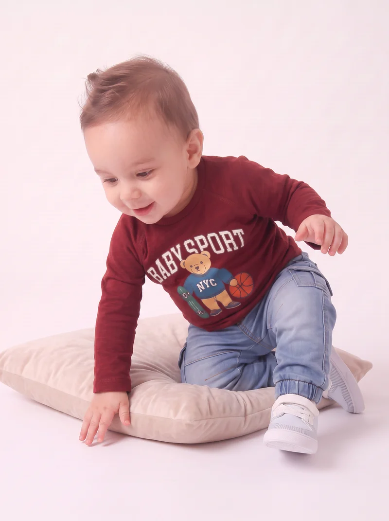 T-shirt neonato manica raglan con stampa - Bordeaux