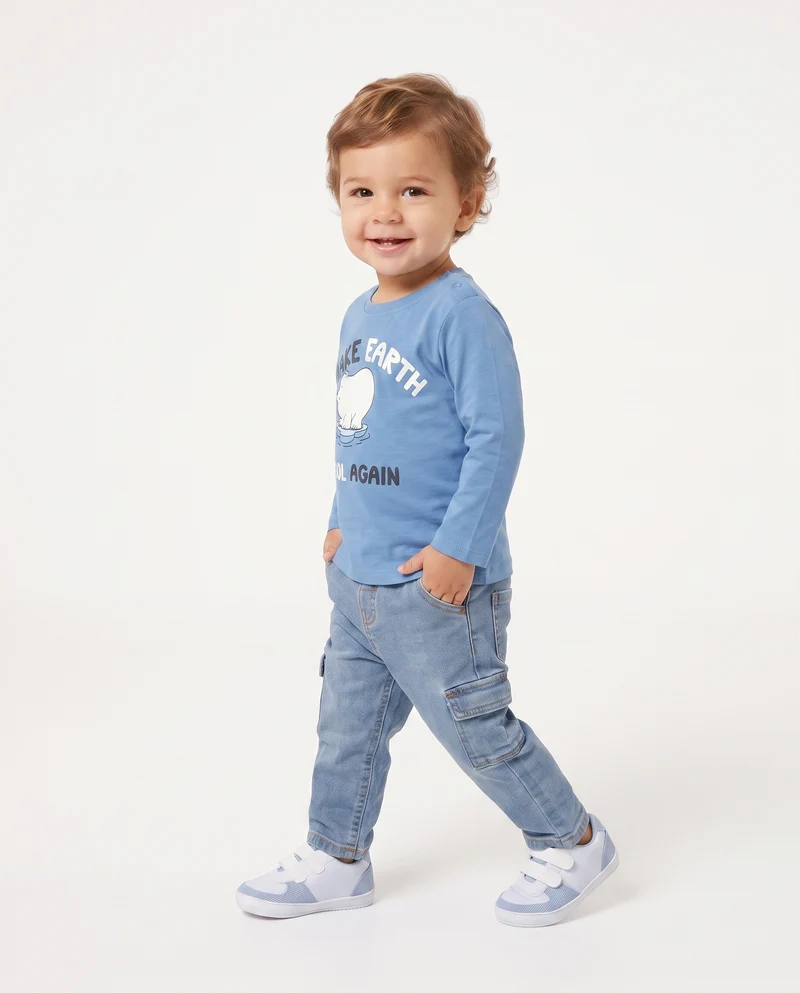 T shirt girocollo manica lunga con stampa - Blu oceano
