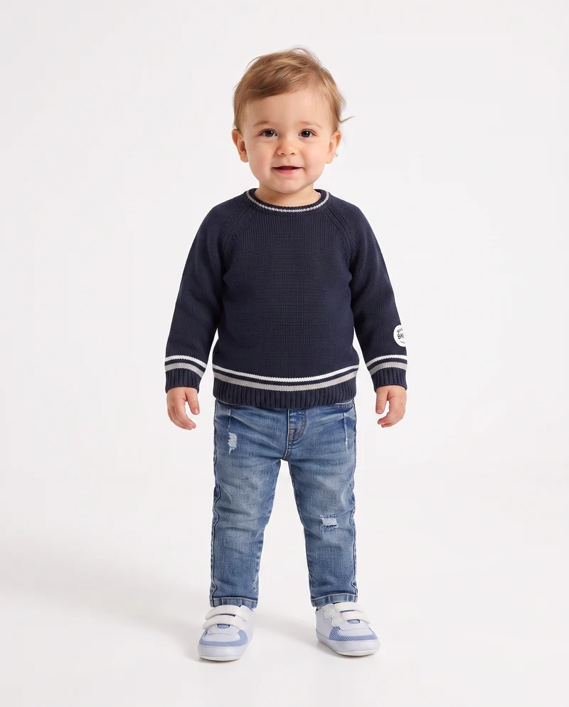 Maglioncino girocollo con righino a contrasto - Blu