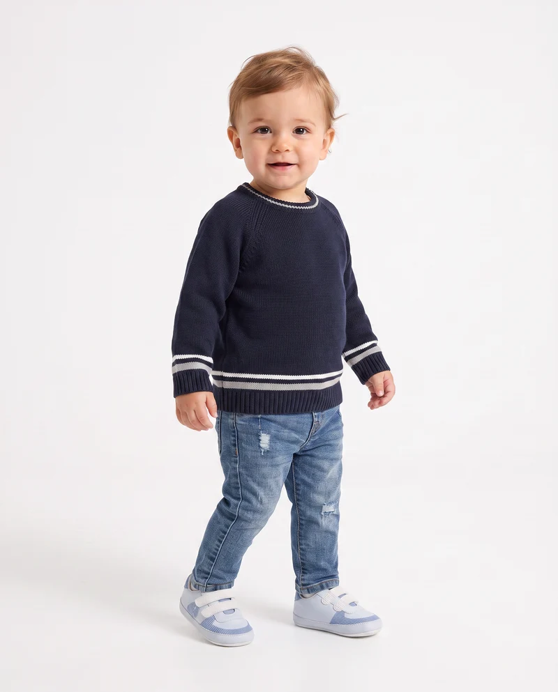 Maglioncino girocollo con righino a contrasto - Blu