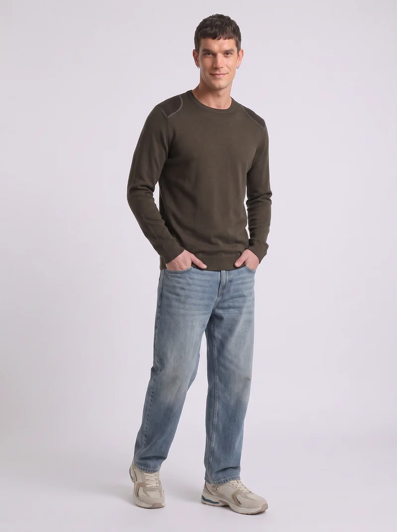 Maglia girocollo slim fit con toppe velluto - Moro