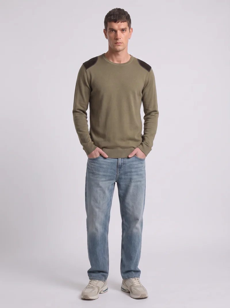 Maglia girocollo slim fit con toppe velluto - Verde kaki