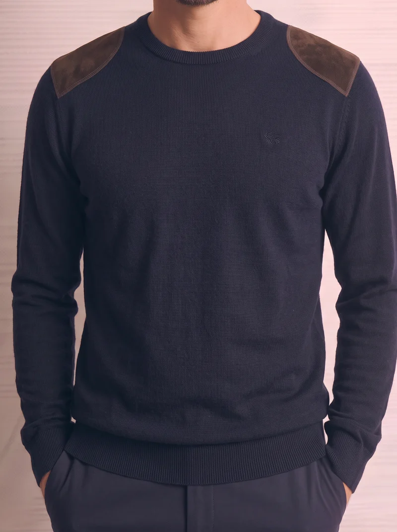 Maglia girocollo slim fit con toppe velluto - Blu
