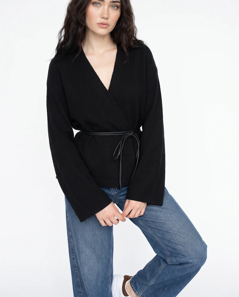 Cardigan aperto incrociato con cinturino - Nero