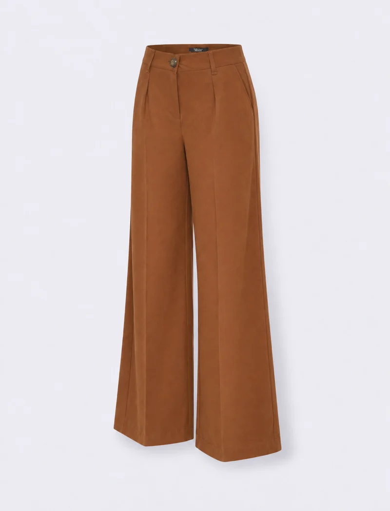 Pantaloni palazzo in tessuto fluido con zip e bottone - Cammello