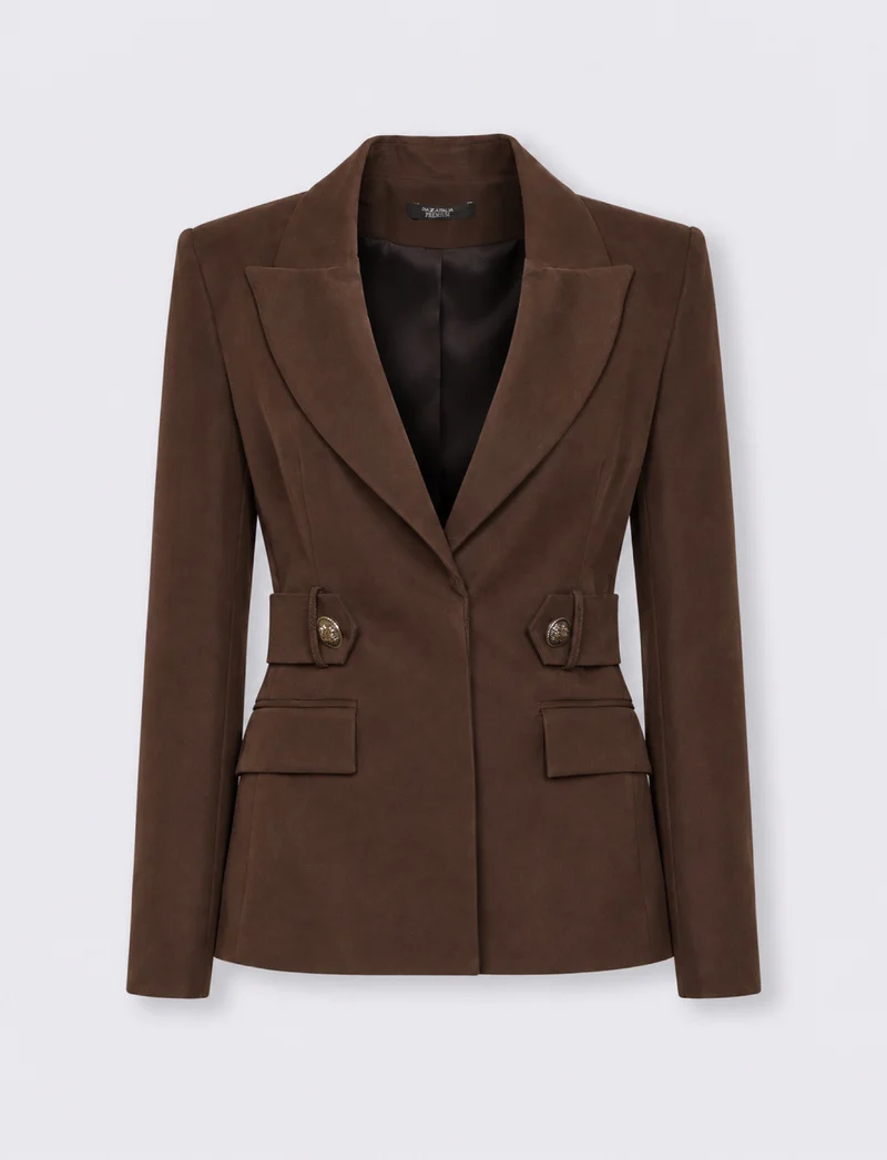 Giacca slim in tessuto fluido con bottone nascosto - Moro