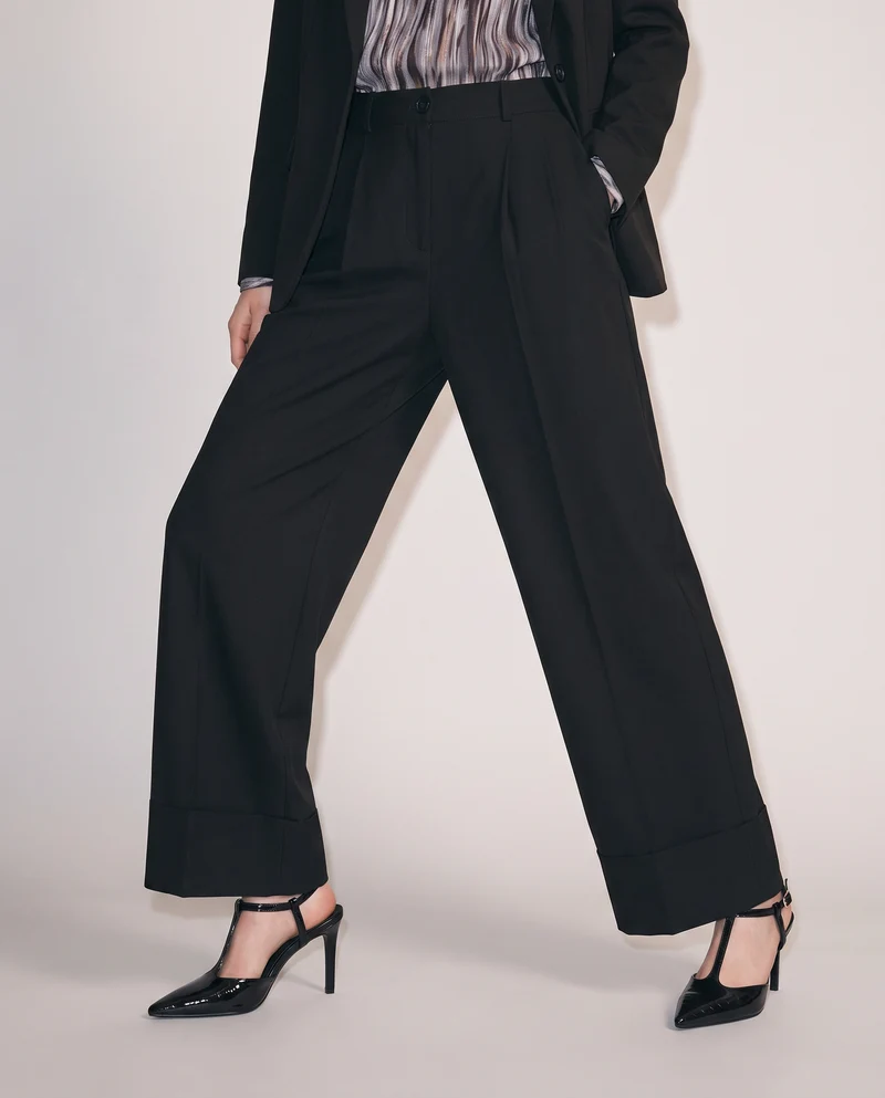 Pantaloni palazzo con pences e chiusura a bottone - Nero