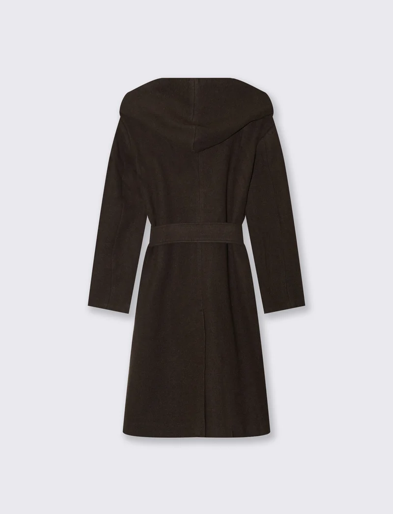 Cappotto basico con cappuccio e cinta - Moro