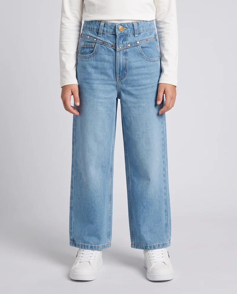 Jeans in cotone con borchie e gamba ampia - Denim